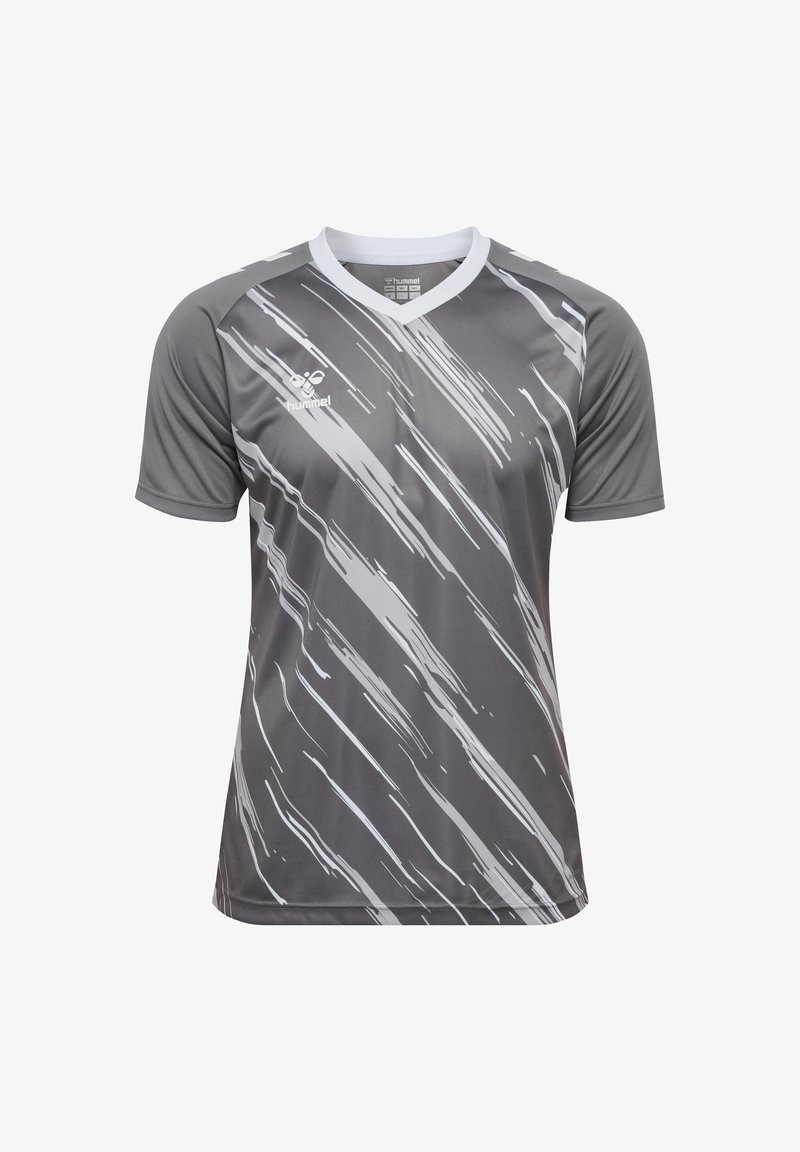 Grå atletisk tröja med V-ringning och korta ärmar med ett vitt abstrakt mönster. Tillverkad av lätt och mjukt tyg.