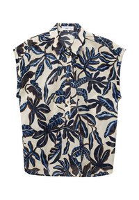 Chemisier sans manches beige avec un motif de feuilles tropicales bleu foncé et noir, boutonné à l'avant, avec un col pointu.