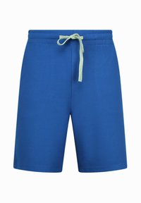 Blauwe shorts van gestructureerde stof met een elastische tailleband en een lichtgroene trekkoord, met een rechte snit en een knie-lange ontwerp.