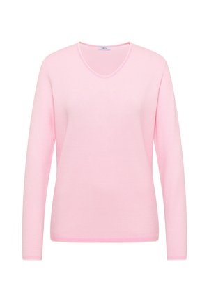 Hellrosa Langarmstrickpullover mit V-Ausschnitt und dezentem Strukturmuster, dargestellt vor weißem Hintergrund.