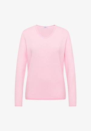 Suéter de punto de manga larga color rosa claro con cuello en V y patrón texturizado sutil, mostrado sobre un fondo blanco.