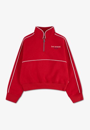Sweat-shirt rouge à fermeture éclair quart, passepoil blanc sur les manches et la poitrine, poignets côtelés et logo "levi strauss & Co." sur le devant.