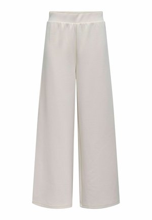 Pantalones de pierna ancha en una suave y ligera tela beige con una cinturilla elástica y una textura suave. Presentan un diseño minimalista sin patrones visibles.