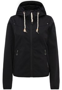 Chaqueta negra con cremallera y capucha, con cordones ajustables y dos bolsillos frontales con cremallera. Presenta una textura suave y detalles de diseño minimalistas.