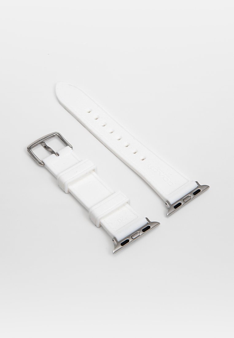 Weißes Silikon-Uhrenarmband mit Metallschnalle. Die Designelemente umfassen Einstellschlitze und Verbindungselemente an beiden Enden zur Befestigung.