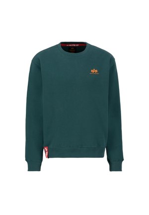 Crewneck sweatshirt in dark teal cotton blend. Features an orange logo on the chest, ribbed cuffs, and a red label at the hem.