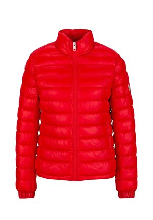 Felrode, doorgestikte donsjas met opstaande kraag, volledige ritssluiting vooraan, elastische manchetten en klein logoplaatje op de linkermouw.