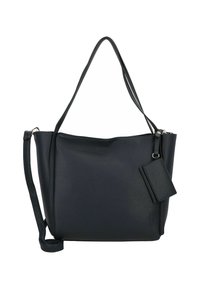 Sac à main en cuir noir avec une finition texturée, doté de poignées doubles, d'une bandoulière amovible et d'un petit porte-carte attaché.