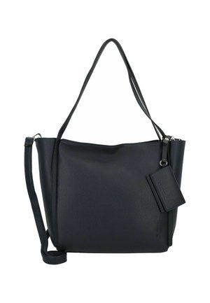 Sac à main en cuir noir avec une finition texturée, doté de poignées doubles, d'une bandoulière amovible et d'un petit porte-carte attaché.