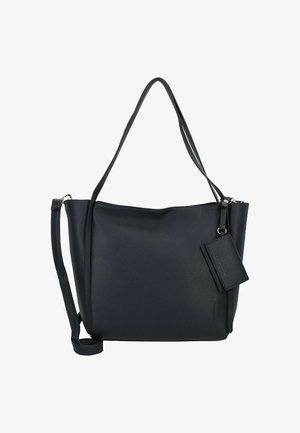 Bolso de mano de cuero negro con un acabado texturizado, que cuenta con asas dobles, una correa para el hombro removible y un pequeño tarjetero adjunto.