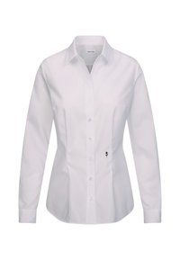 Witte blouse met lange mouwen en een klassieke kraag, voorzien van een zwarte rozenborduursel aan de linkerkant en een knoopsluiting aan de voorkant.