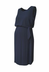 Abito premaman plissettato blu navy con scollatura tonda, senza maniche e un fiocco in vita. Realizzato in tessuto leggero.