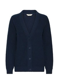 Cardigan marine en tissu tricoté texturé, avec un col en V, cinq boutons sur le devant et des poignets et un ourlet côtelés.