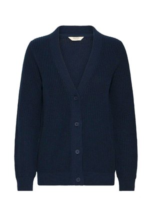 Cardigan marine en tissu tricoté texturé, avec un col en V, cinq boutons sur le devant et des poignets et un ourlet côtelés.