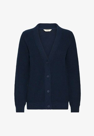 Tumedast kardigan tekstuuriga kudumiskangast, millel on V-kujuline kaelus, viis nööpi ees, ning soonikkoes varrukate ja äärega.