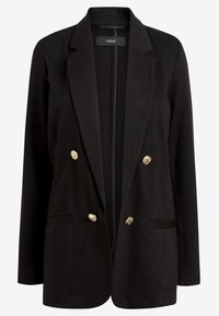 Musta kaksirivinen bleiseri kultaisilla napilla, hihataskuilla ja kahdella etutaskulla, esitelty valkoista taustaa vasten.