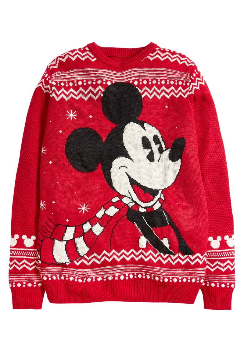 Pull de Noël rouge avec un grand Mickey Mouse souriant portant une écharpe rayée, avec des flocons de neige blancs et des motifs sur les manches et l'ourlet.