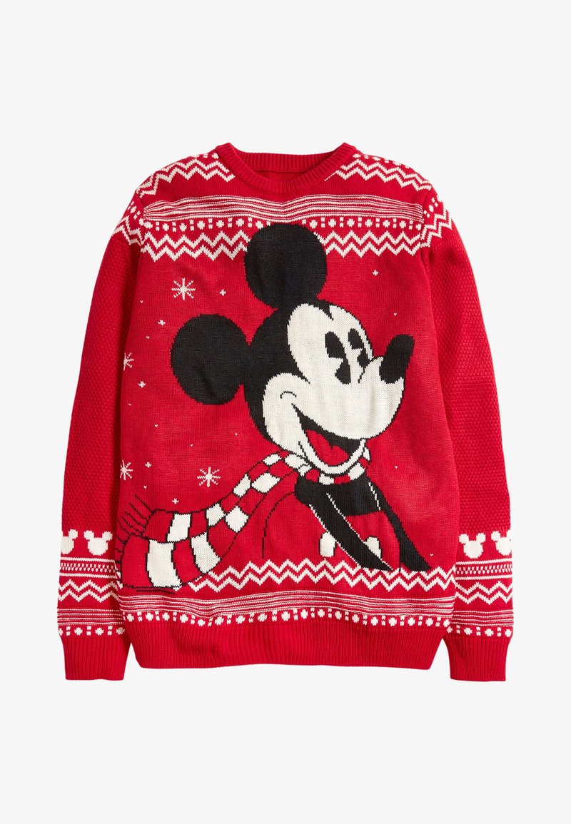 Pull de Noël rouge avec un grand Mickey Mouse souriant portant une écharpe rayée, avec des flocons de neige blancs et des motifs sur les manches et l'ourlet.