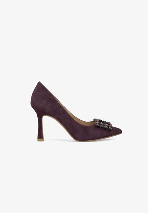 Purple suede high heel with a pointed toe and a decorative embellishment on the vamp. Features a slender heel and beige interior.