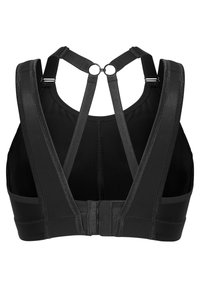 Zwarte sportbh met verstelbare gekruiste banden, haak-en-oogsluiting en een gladde stof; heeft contrasterende stiksels en versterkte naden.