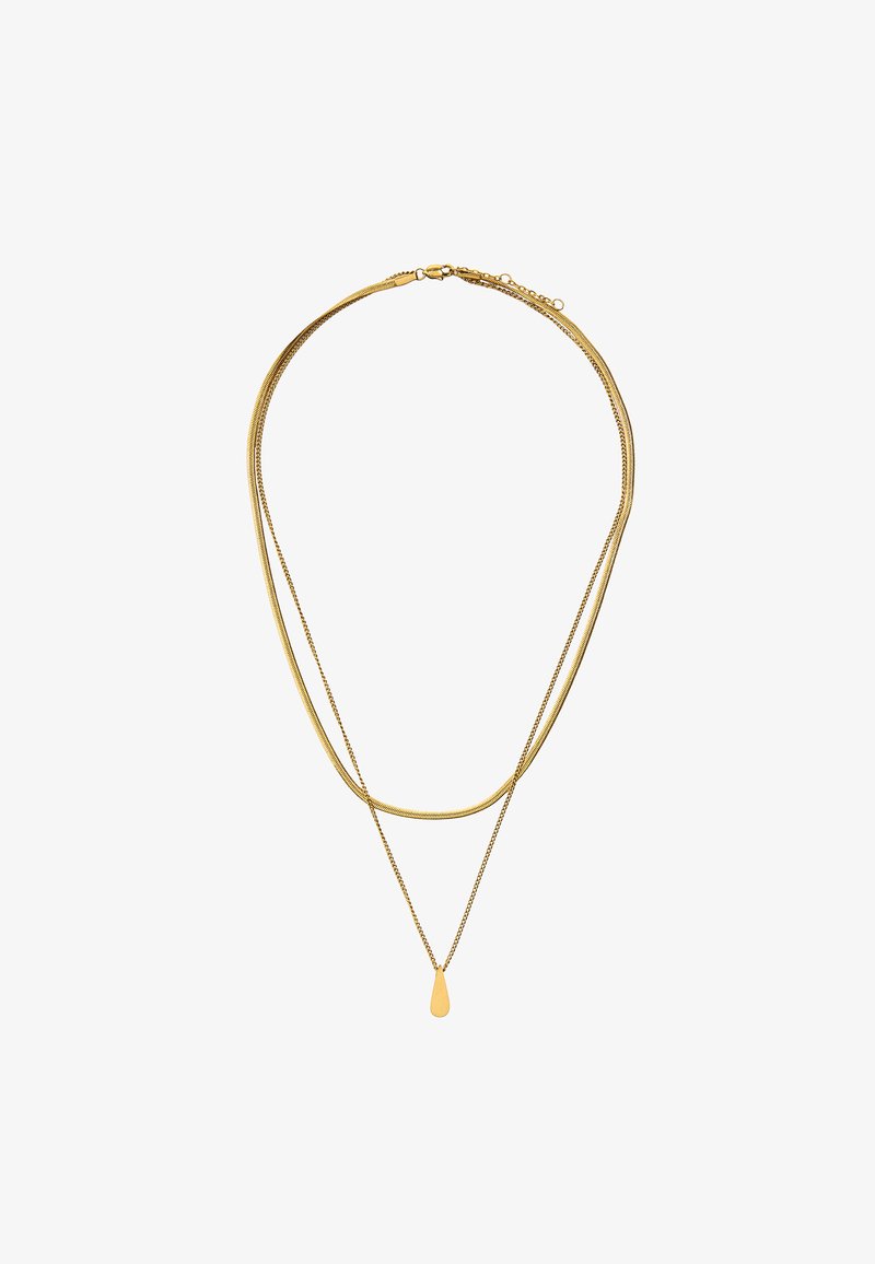 Dwuwarstwowy złoty naszyjnik z cienkim łańcuchem i kroplowym wisiorkiem na jednej warstwie oraz płaskim, szerszym łańcuchem na drugiej, na białym tle.