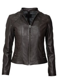 Brun läderjacka med dragkedja framtill, figursydd design, ståkrage och sömnadsdetaljer på axlar och torso. Har två sidofickor.