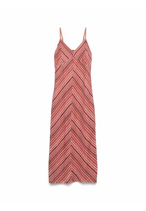 Robe midi sans manches avec fines bretelles, col en V et motif à rayures diagonales dans des tons de rouge, rose et beige.