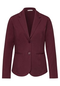 Blazer pour femme de couleur bordeaux avec revers crantés, deux boutons, manches longues et poches frontales passepoilées, coupe ajustée.