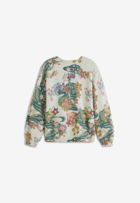 Maglione a maglia grigio chiaro, con motivi floreali e stellati colorati, scollo tondo e polsini e orlo a coste.