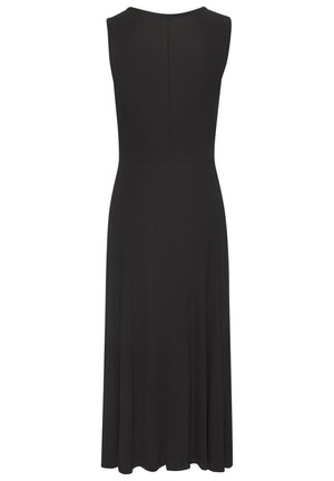 Ärmelloses schwarzes Midikleid mit figurbetontem Oberteil, rundem Ausschnitt und ausgestelltem Rock, von hinten gezeigt.