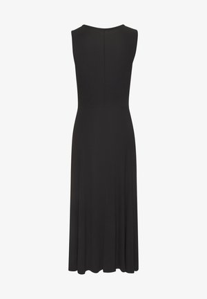 Vestito midi nero senza maniche con corpetto aderente, scollatura tonda e gonna svasata, mostrato di spalle.