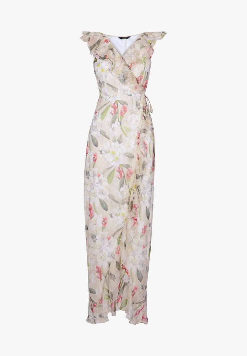 Floral long dress in light cream fabric with ruffled shoulders, featuring pink and white flower patterns and a tied waist detail.