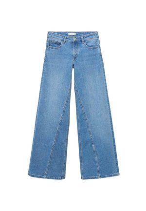 Helle blaue weit geschnittene Jeans aus Denim mit hoher Taille, fünf Taschen und geradem Schnitt von der Hüfte bis zum Saum.