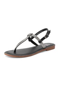 Infradito in pelle nera con parte superiore accentuata da strass e suola piatta marrone con chiusura a fibbia.