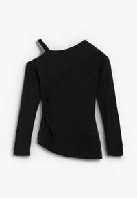 Suéter negro de punto acanalado con un escote asimétrico, mangas largas y un detalle fruncido lateral. Presenta adornos decorativos en los puños.