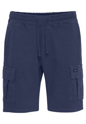 Navy cargo shorts made of cotton, featuring an elastic waistband, adjustable drawstring, and two side cargo pockets. Smooth texture.