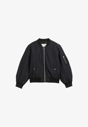 Zwarte bomberjack met een voorkant met rits, geribbelde manchetten en twee zijzakken. Heeft een met rits afgesloten mouwzak en een gladde textuur.