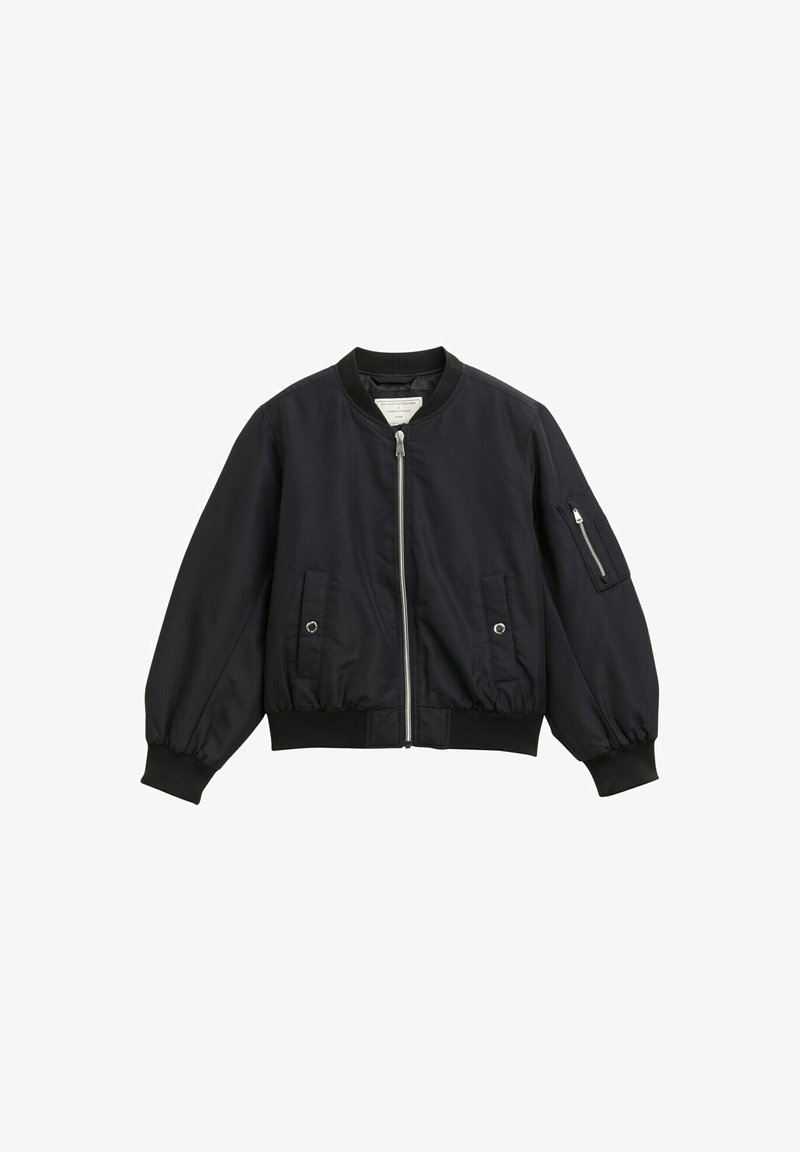 Zwarte bomberjack met een voorkant met rits, geribbelde manchetten en twee zijzakken. Heeft een met rits afgesloten mouwzak en een gladde textuur.