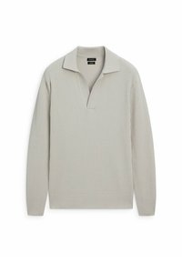 Pull à côtes gris clair avec un large col, des manches longues et une patte de boutonnage moitié. Fabriqué en matériau tricoté doux et texturé.