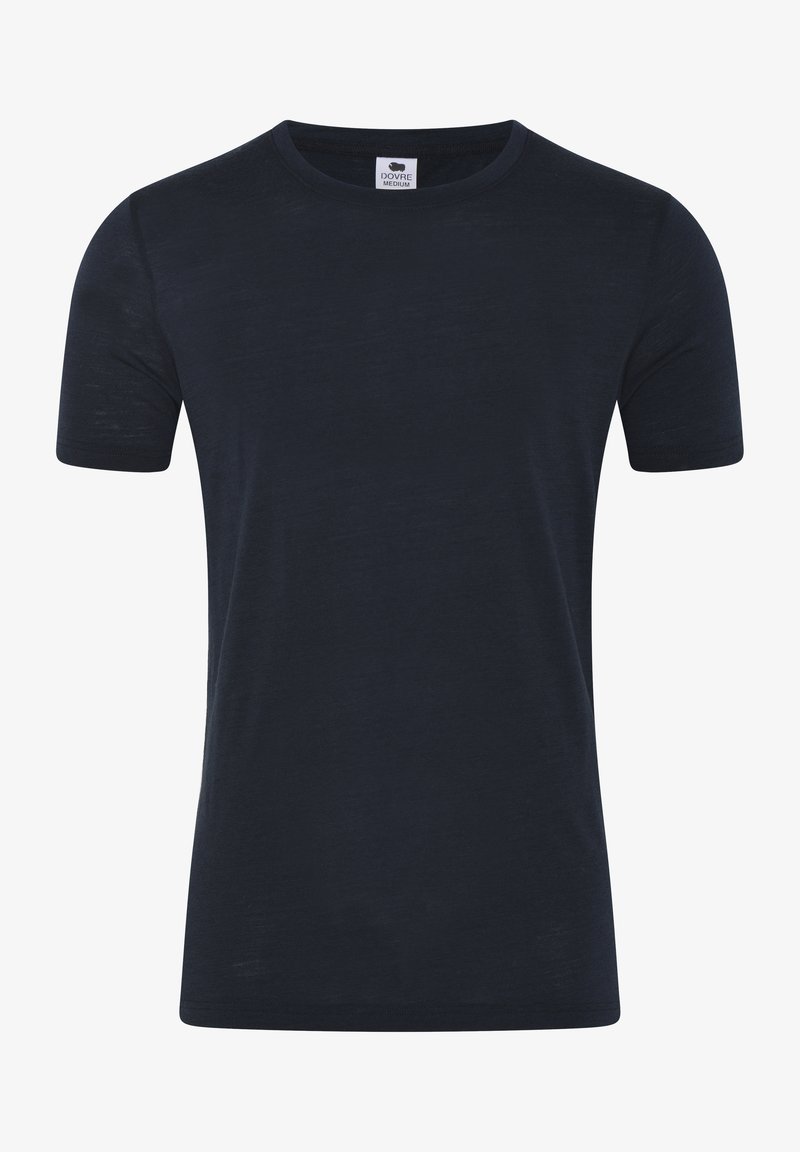 Marineblå kortærmet T-shirt lavet af blødt stof. Har rund hals og en afslappet pasform. Simpelt design uden synlige mønstre eller accenter.