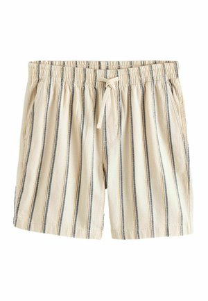 Beige Shorts mit vertikalen schwarzen und weißen Streifen, elastischem Bund und vorne mit Kordelzug.