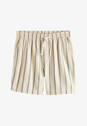 Short beige avec des rayures verticales noires et blanches, taille élastique et cordon de serrage à l'avant.