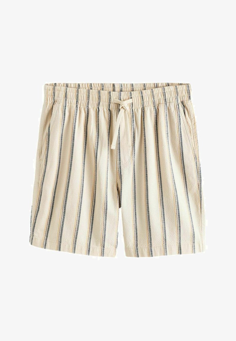 Short beige avec des rayures verticales noires et blanches, taille élastique et cordon de serrage à l'avant.