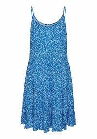 Sininen kukkamekko ohuilla olkaimilla, kellottava hameosa ja pieni valkoinen kukkakuosi. Kevyt kangas, pehmeä tekstuuri.