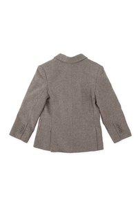 Blazer marrón de espiga con solapa de muesca, mangas largas y puños de tres botones. Fabricado en un tejido texturizado con un corte ajustado.