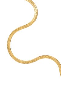 Złoty naszyjnik z łańcuszka w formie owiniętego węża, o gładkim i elastycznym designie, składający się ze splecionych metalowych ogniw tworzących błyszczącą, fakturowaną powierzchnię.