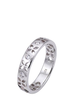 Silver band ring with floral cutout pattern and round clear stones, marked 925 inside the band.