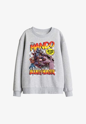 Graues Sweatshirt mit einem bunten Grafikdruck eines helmtragenden Fahrers auf einem Speeder, Text "The Mando Legendary Bounty Hunter" und einer Sprechblase mit dem Satz "Das ist mehr, als ich unterschrieben habe."