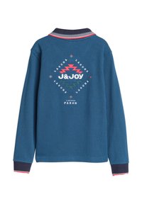 Langarm poloshirt in donkerblauw, met een geribbelde textuur, contrasterende marineblauwe kraag en een grafische print met het merkteken en geometrische accenten.