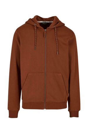 Pruun tõmbluku juurde hoodie, mis on valmistatud pehmest kangast, varustatud reguleeritava kapuutsiga, kahe esi-taskuga ning ribakudumistega varrukate ja hemiga.